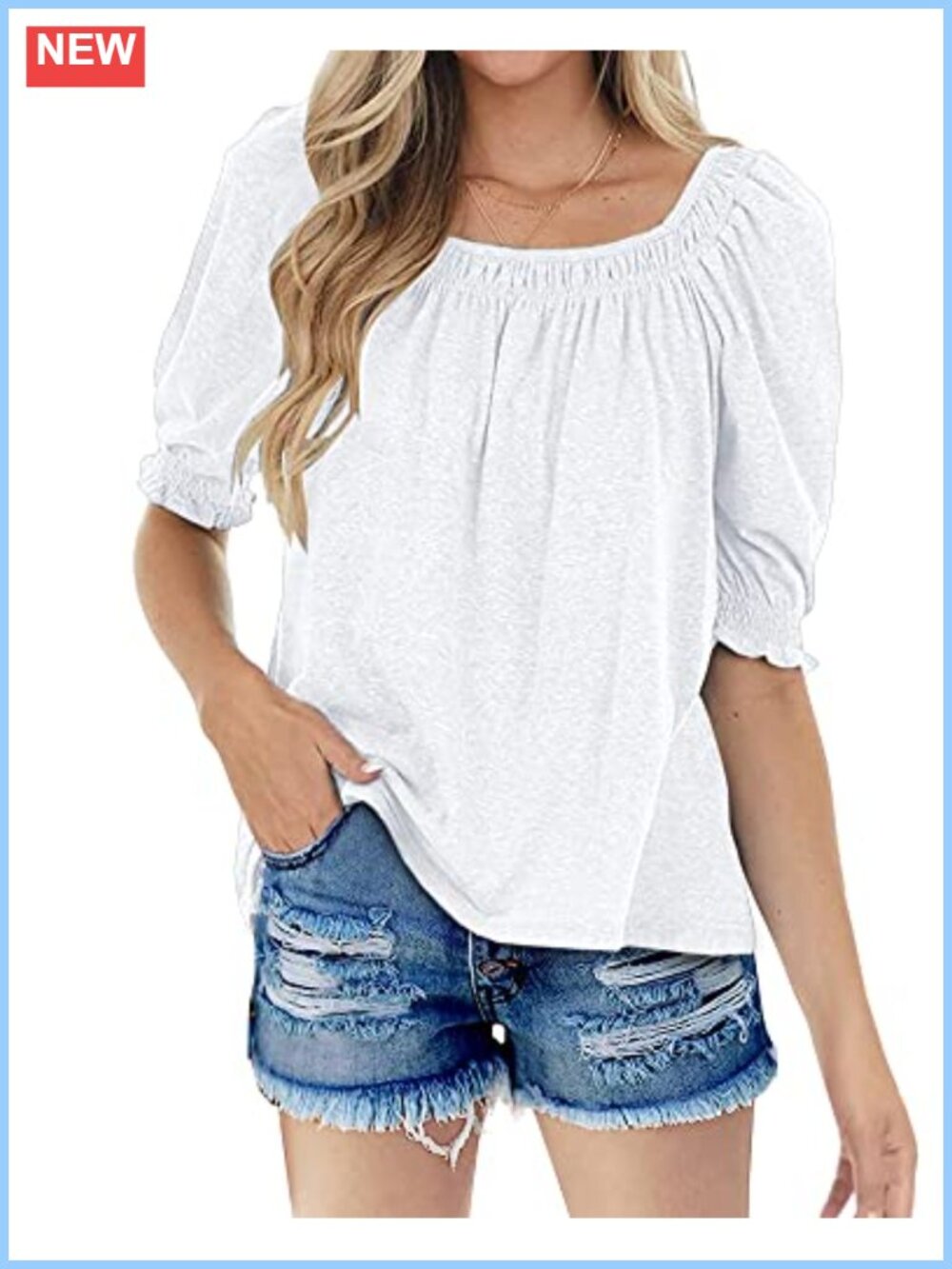 Womens Casual Square Neck Puff Half Sleeve Pleated Loose Summer T Shirt